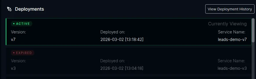 Deployments panel showing Active and Expired versions